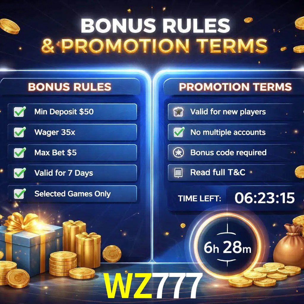 Reglas de promoción WZ777 y condiciones de bonos explicadas visualmente
