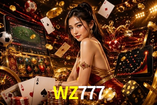Una escena digital vívida inspirada en casino con WZ777 mostrado prominentemente, luces brillantes, fichas, cartas y acentos dorados.