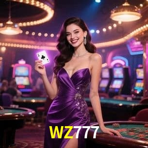 Escena dinámica inspirada en casino con iluminación WZ777, cartas, fichas e íconos de juegos digitales en un espacio moderno de juegos.