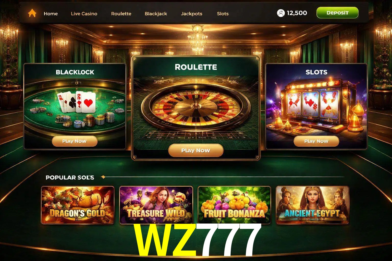 Vista de la plataforma WZ777 Casino mostrando categorías organizadas de juegos en línea