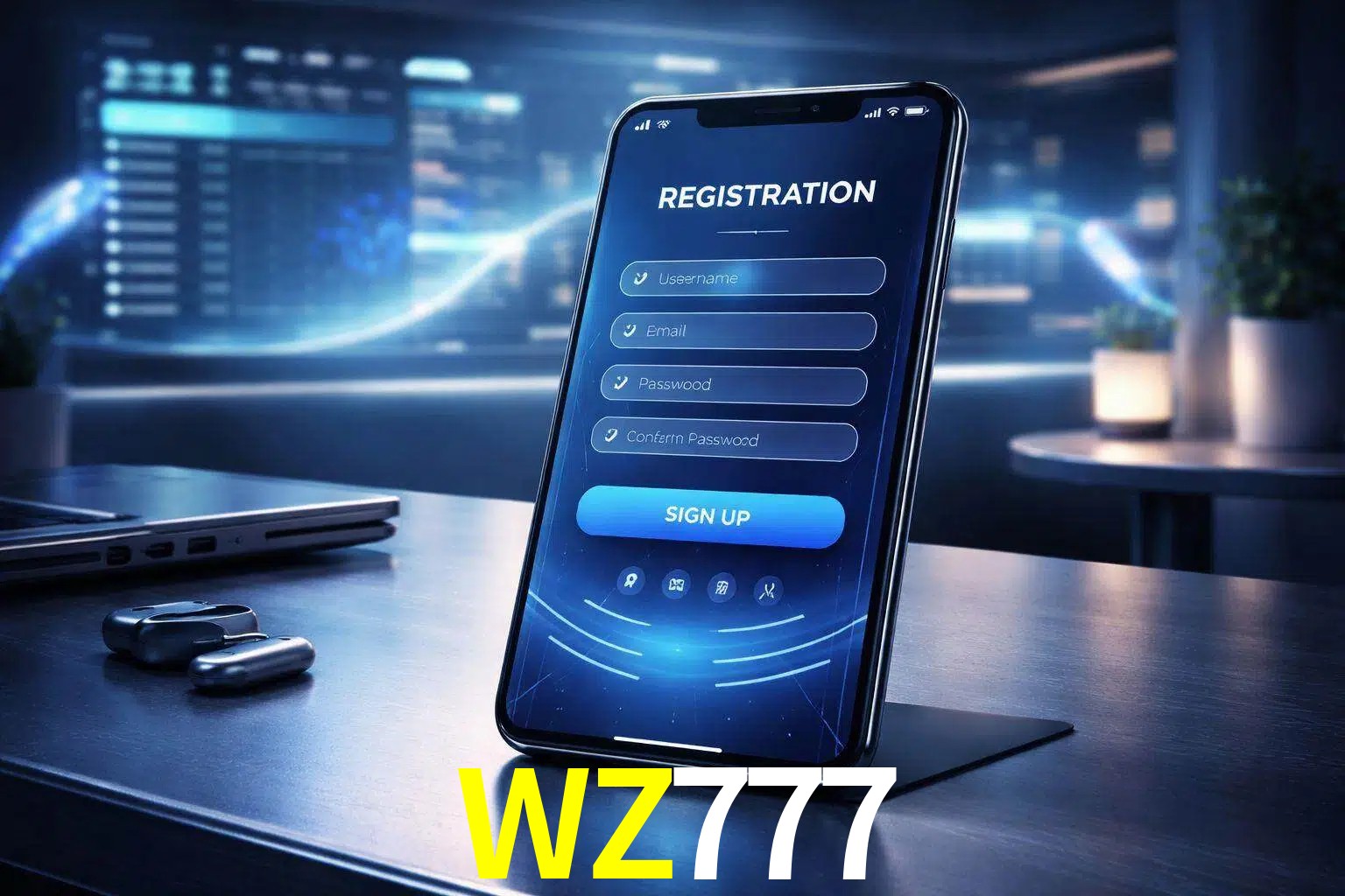 Una interfaz moderna de registro móvil para WZ777 mostrada en un smartphone con un panel de apuestas elegante.